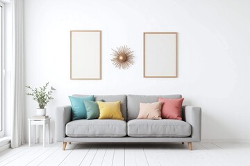 Modern living room gray sofa white wall side table decorations