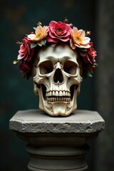 A skull is adorned with a wreath of dead flowers on a stone pedestal, skull, ancient