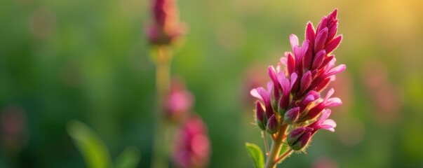 Stem of reddish tufted vetch with flowers and seed pods, flora, flower