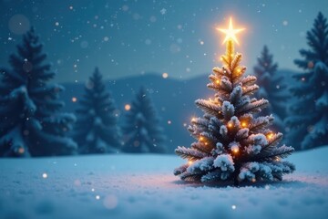 A star shines brightly atop a majestic white Christmas tree against a backdrop of snow, natural, peaceful
