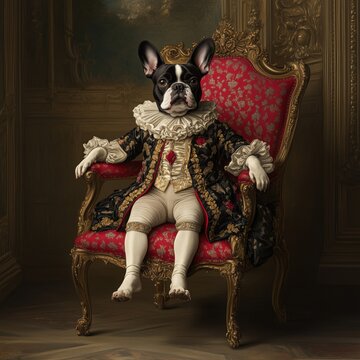 Elegant French bulldog dressed in regal 18th-century attire with intricate gold embroidery, seated on an ornate red velvet throne in a grand palace setting