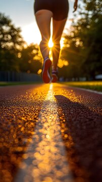 A female runner silhouetted against a glowing sunset on a track.