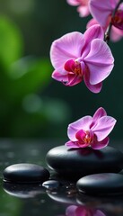 Zen-inspired wellness scene with vibrant orchid blossom, health, harmony, peacefulness