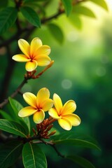 Fototapeta premium Blooming yellow frangipani tree with lush foliage and branches, plumeria, tropical