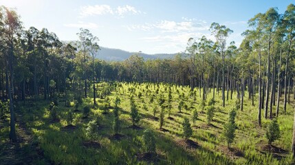 Obraz premium Reforestation Project: Lush Greenery and Young Trees Flourishing in a Serene Australian Landscape