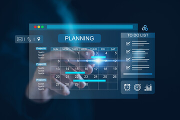 Business Plan Calendar Agenda work schedule and Project management concept, Businessman manages time for effective working with Calendar on virtual screen, Reminder appointment.