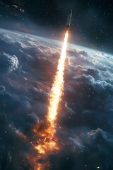 Wide-angle view of a deep space probe launching from Earthâ€™s atmosphere, leaving a trail of exhaust as it journeys into the unknown reaches of the cosmos