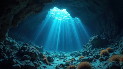 Obraz premium Underwater cave with coral reef and marine life illuminated by sunlight 