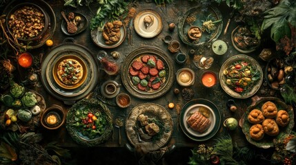 A lavish banquet spread with diverse dishes, surrounded by lush greenery and candles illuminating the scene