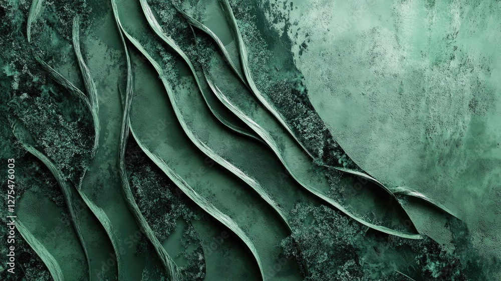 Poster abstract green background with curving lines and natural elements, symbolizing nature fluidity and b