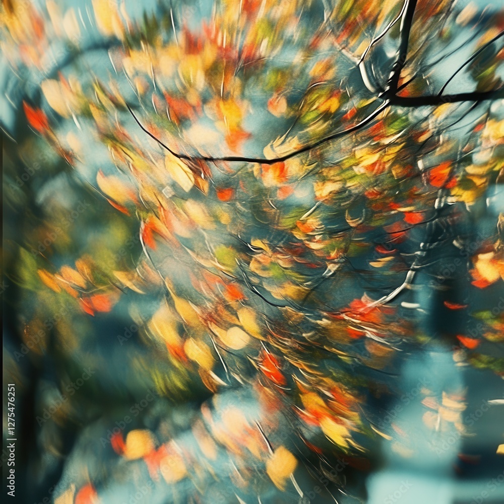 Aufkleber abstract blurred background of colorful autumn leaves in motion with sunlight and bokeh effect