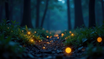 Twinkling fireflies illuminate dark forest floor, dark forest floor, woodland ambiance, twinkling fireflies