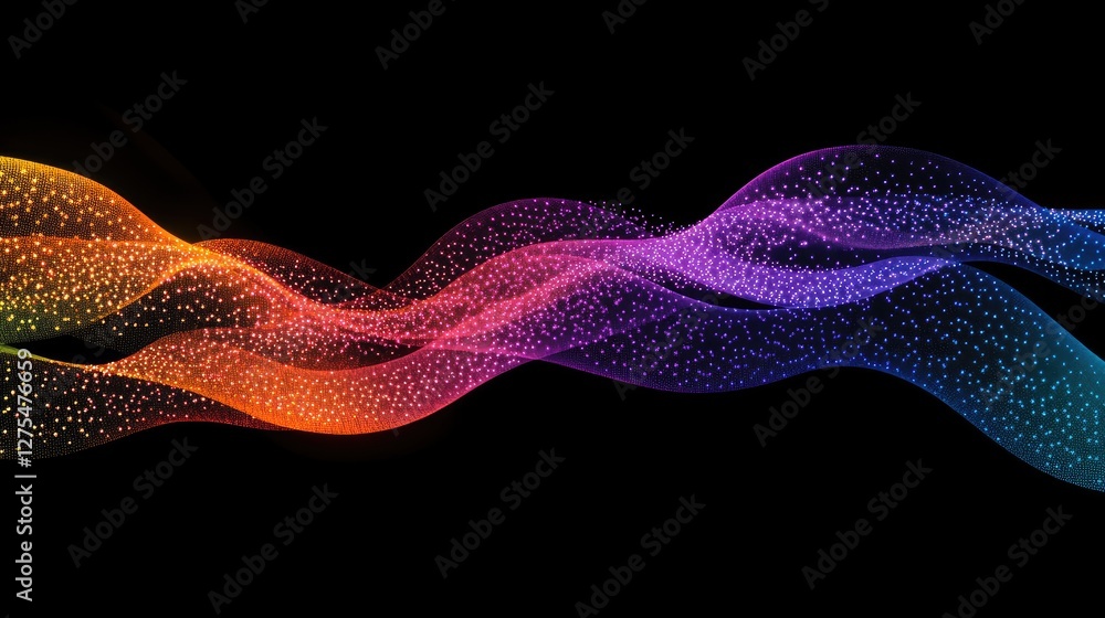 Poster Abstract wave of colorful digital particles flowing in a dynamic pattern, illustrating modern technology and energy in a vibrant, futuristic design