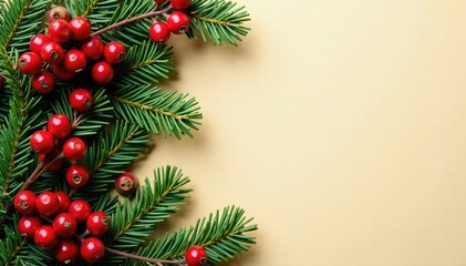 Red berries on green Christmas decoration against tan background, Seasonal, Christmas Decoration
