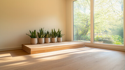 Minimalist room with sansevieria plants and wooden flooring