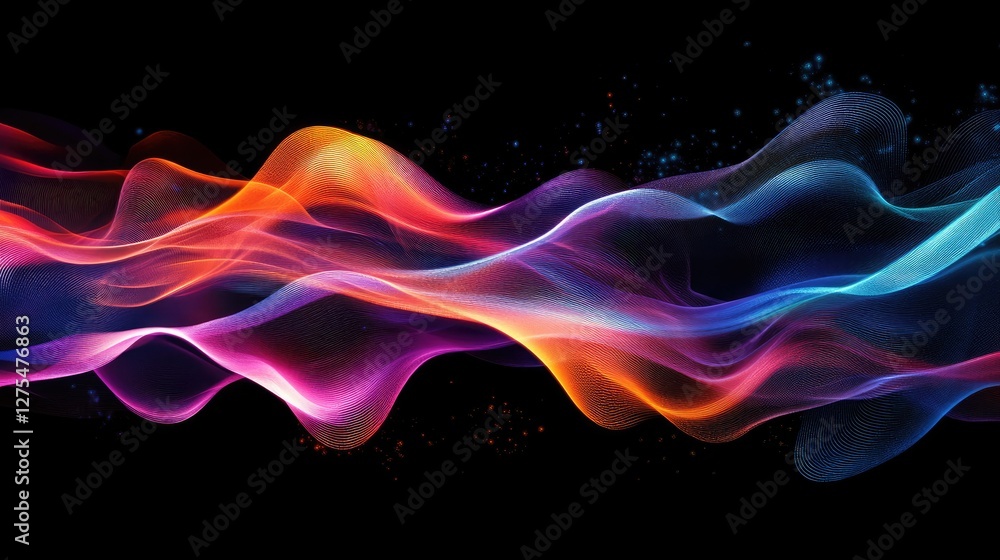 Poster Abstract wave of colorful digital particles flows with energy, representing technological innovation and a vibrant, futuristic aesthetic