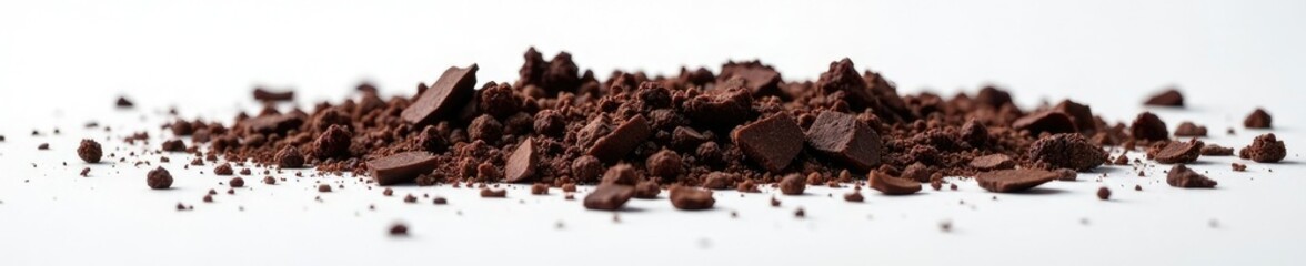 Dark brown rubber crumb splinters on white surface, dark color, fragment, shatter