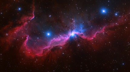 Vibrant high-resolution image of an emission nebula glowing in deep red and blue hues, surrounded by swirling cosmic dust and bright newborn stars