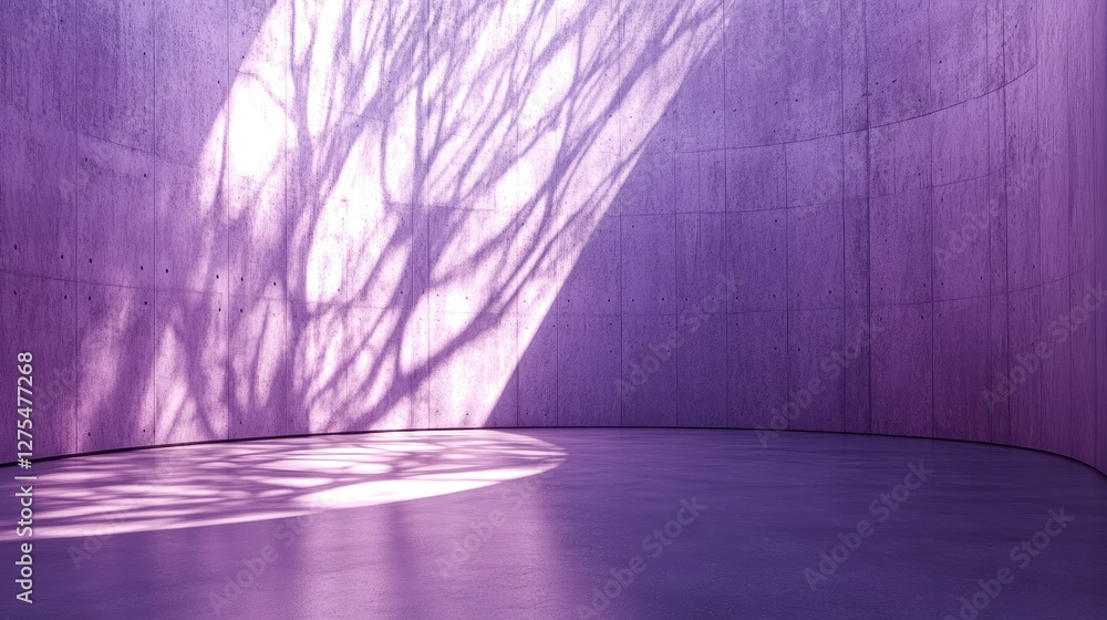 Poster an empty purple concrete room with curved, textured structures, soft light casting dramatic shadows 