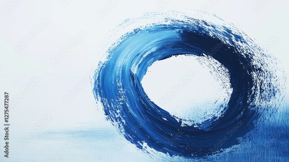 Poster Artistic abstract design with a smooth blue brush stroke forming a circular shape on a white canvas, showcasing a contemporary minimalist style
