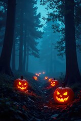 Naklejka premium Dark forest with glowing jack o lanterns and eerie fog, mysterious, night, haunted