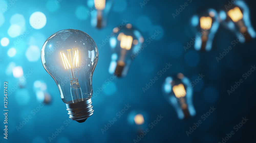 Poster a dynamic 3d render of multiple glowing bulbs floating on a deep blue background, radiating bright i