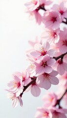 Delicate pink blossoms on Nanking cherry branches, spring, tree, white