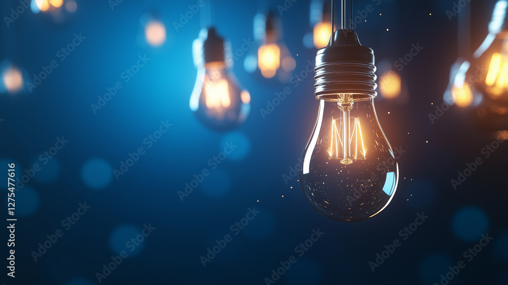 Poster a dynamic 3d render of multiple glowing bulbs floating on a deep blue background, radiating bright i