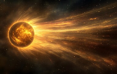 Obraz premium Solar wind visualization, depicting streams of charged particles flowing from the Sun and interacting with planetary magnetospheres