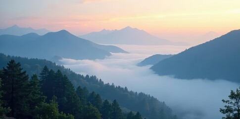 Obraz premium Dense fog covering the mountain peaks and valleys in the morning scenery, atmospheric, misty