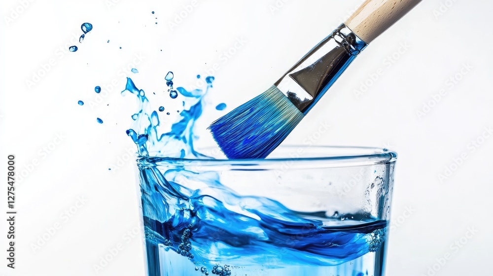 Poster blue pigment swirling into water from an art brush soaking in a glass, with a simple white backgroun