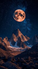Vivid nightscape of the Moon rising over a mountain range, casting a silvery glow on the rugged landscape below