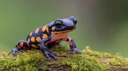 Fototapeta premium Colorful salamander exploring a mossy log in a lush forest setting close-up nature photography