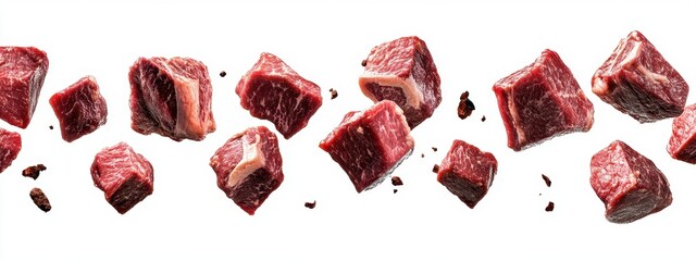 Beef cubes flying in mid-air, ready to create a delicious culinary masterpiece.