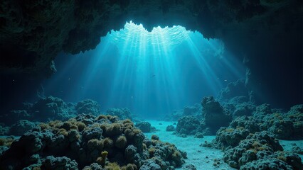 Underwater cave with coral reef and marine life illuminated by sunlight	