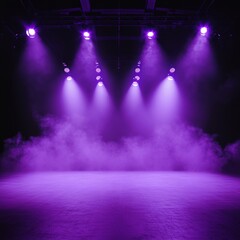 Purple stage lights illuminate smoky stage floor
