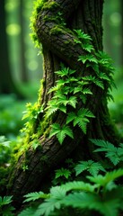 Obraz premium Ferns entwined around a tree trunk green lush leaves, ferns, forest scenery, botanical gardens