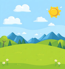 Obraz premium Cute Cartoon Landscape with Green Hills and Blue Sky