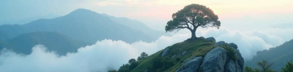 Obraz premium Foggy morning mist surrounds ancient tree on rugged mountain peak, misty, mountain, stone