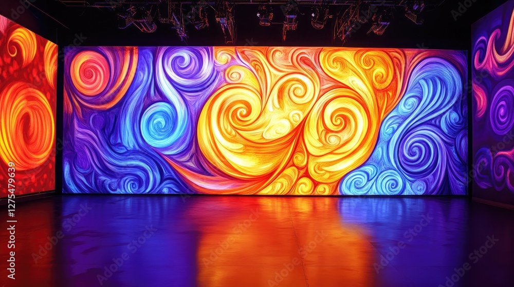 Poster Bright swirling patterns and illuminated bulbs on a stage backdrop, creating a high-energy and playful atmosphere with bold colors and dynamic movement