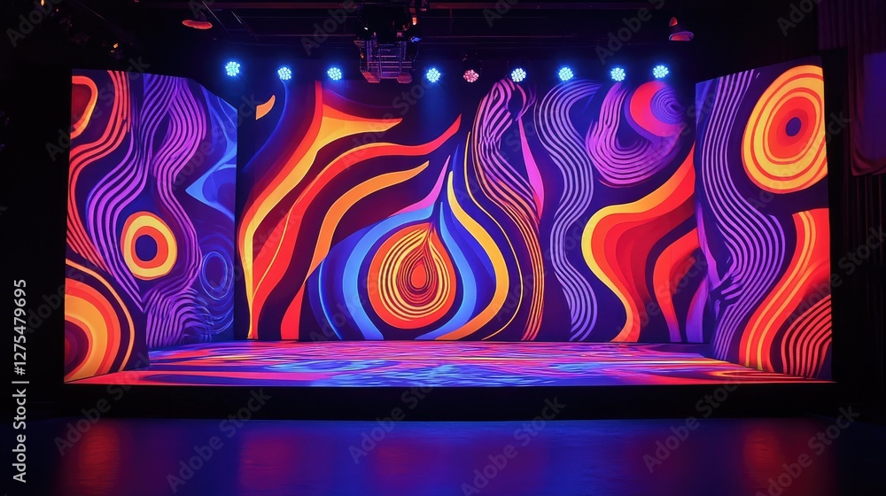 Aufkleber Bright swirling patterns and illuminated bulbs on a stage backdrop, creating a high-energy and playful atmosphere with bold colors and dynamic movement