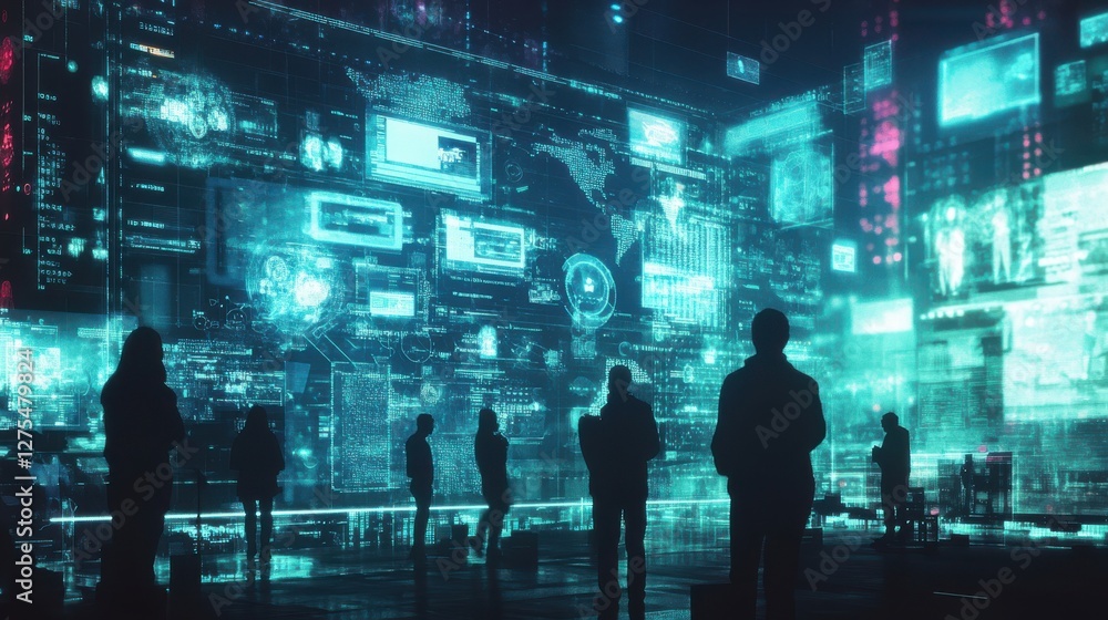 Poster technology background with abstract data visualization and silhouettes