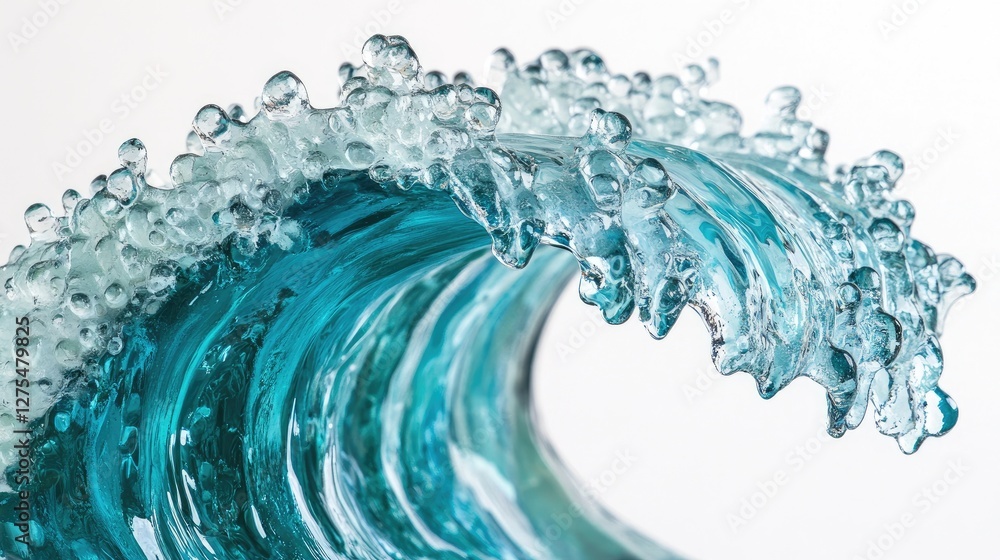 Poster close-up of a turquoise sea wave with textured details, set against a clean white background, emphas