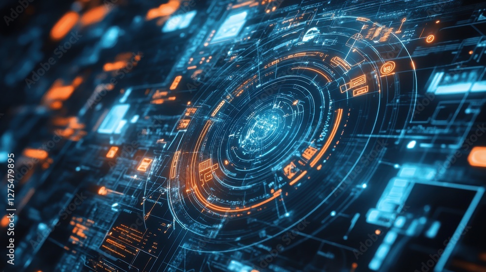 Poster futuristic digital interface with circular elements and data readouts