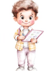 Cute Watercolor Boy Student with Tablet - Watercolor illustrations