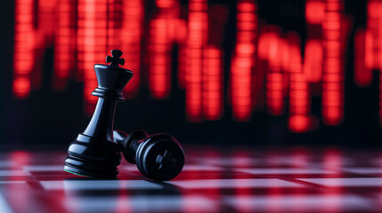 A black king piece knocked over on a chessboard, representing market losses and risk, while red stock market numbers drop in the background.