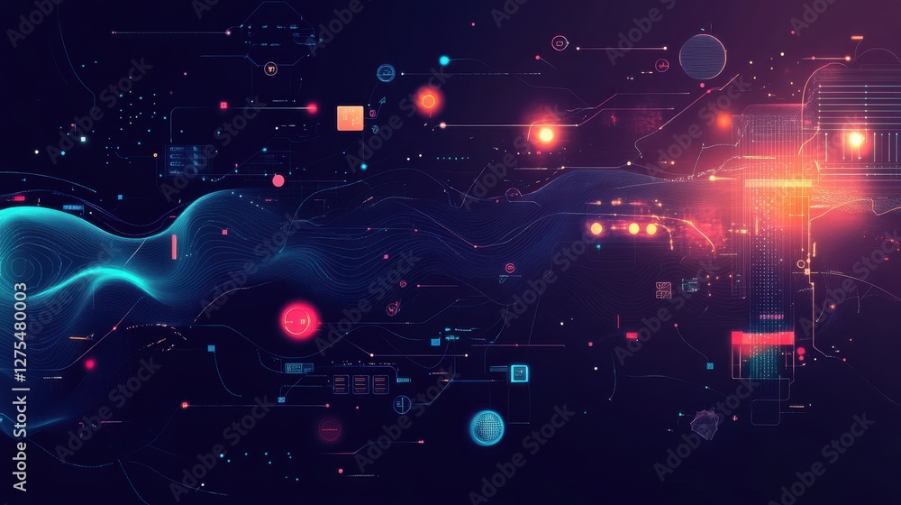 Poster abstract digital network visualization with colorful lights and patterns