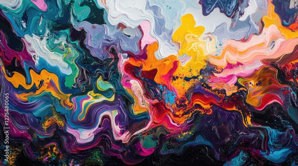 Poster colorful 3d waves create a vibrant abstract pattern against a dark backdrop, exuding energy, fluidit