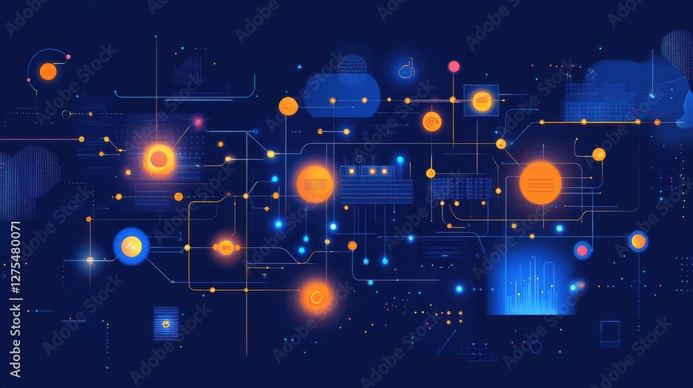 Poster abstract technology network with bright circuits and data nodes