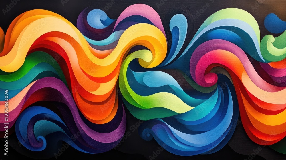 Poster colorful 3d waves create a vibrant abstract pattern against a dark backdrop, exuding energy, fluidit